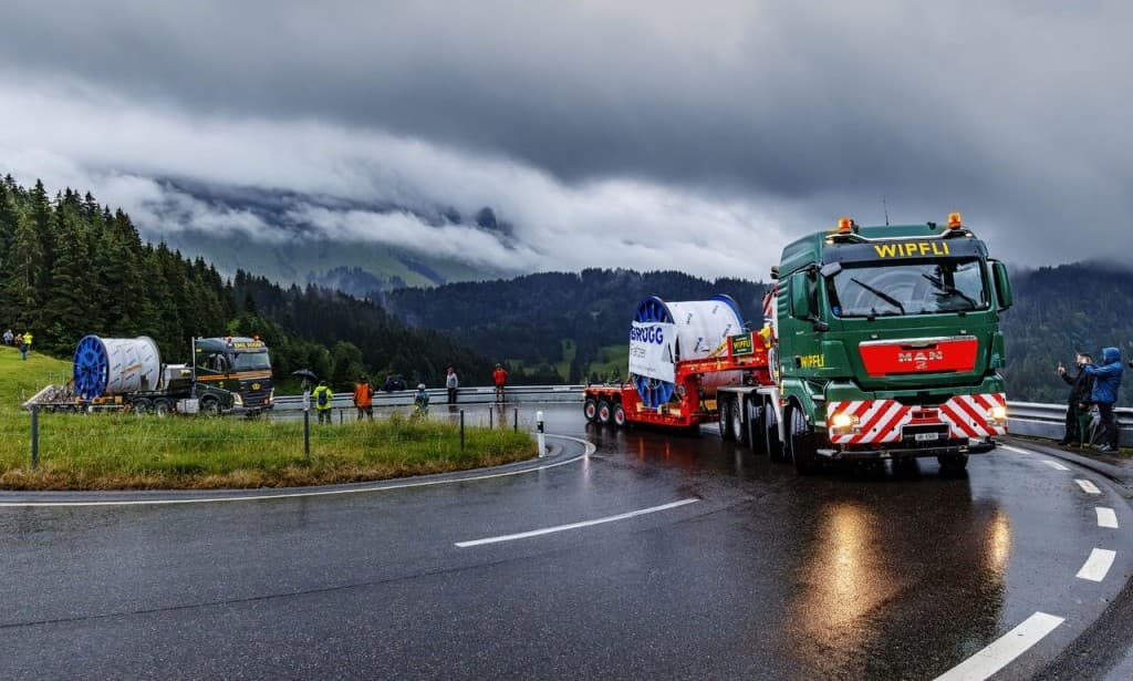 Heavy Lift Trucks Transport 145-Tonne Cable for New Säntis Cable Car in Alpine Operation